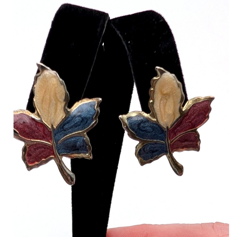 Vintage Tri-Color Enamel Maple Leaf Stud Earrings Gold Tone Burgundy Blue Cream